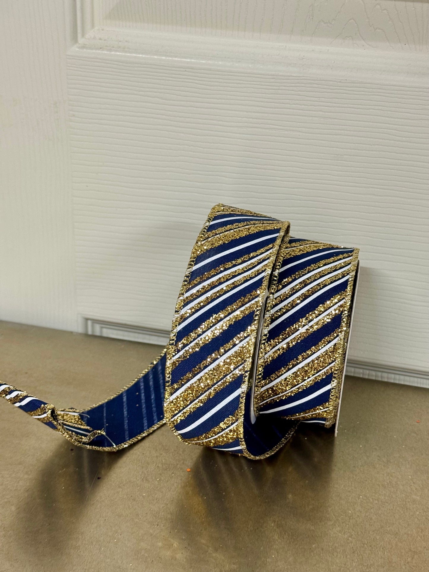 1.5 Inch By 10 Yard Navy Blue And Gold Diagonal Striped Ribbon