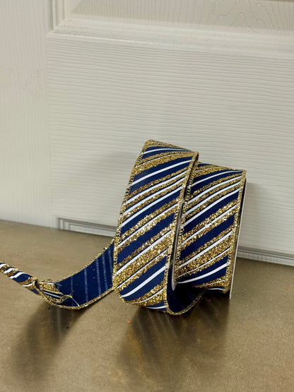 1.5 Inch By 10 Yard Navy Blue And Gold Diagonal Striped Ribbon