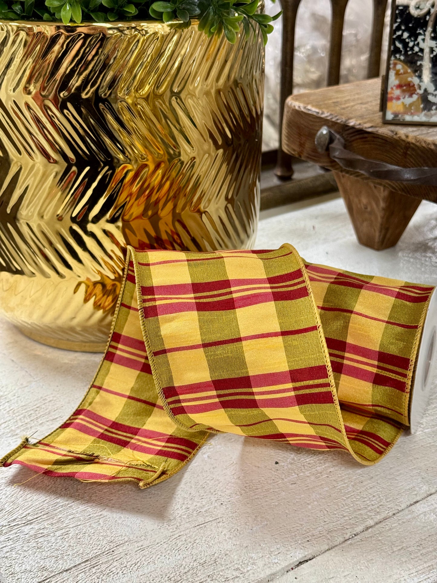 4 Inch By 10 Yard Moss Green Yellow Burgundy Dupioni Plaid Ribbon