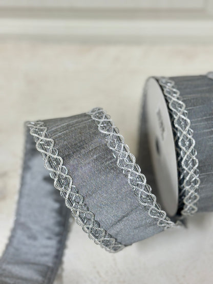 2.5 Inch By 10 Yard Gray Dupioni With Silver Metallic Trim Ribbon