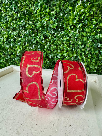 1.5 Inch By 10 Yard Gold Glitter Hearts On Red Ombre Background Ribbon