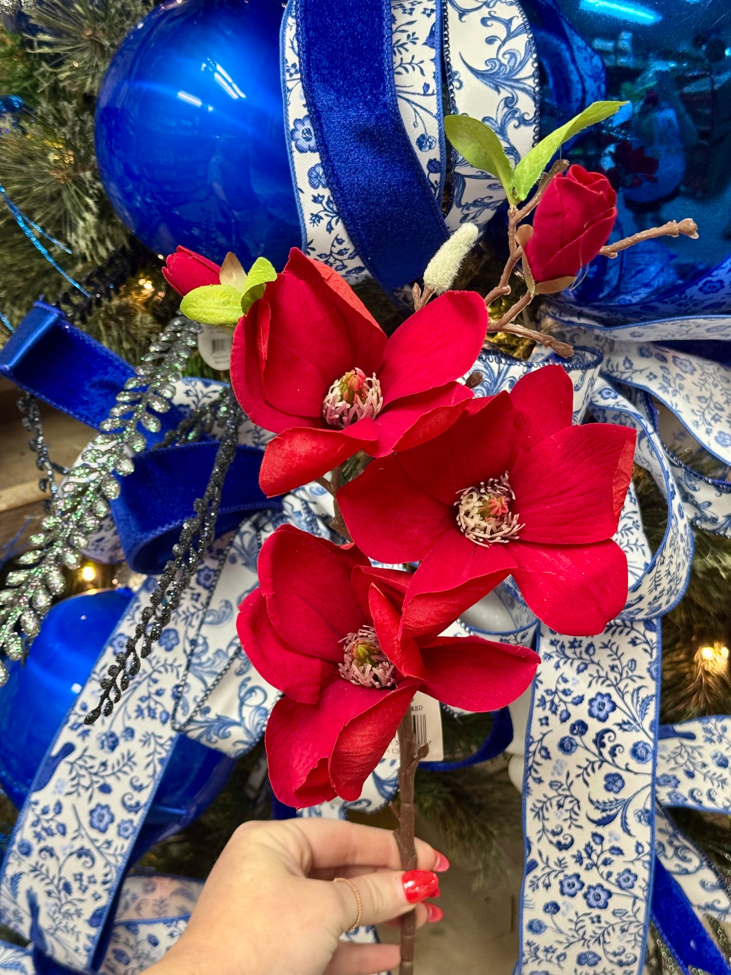 24 Inch Red Magnolia Velvet Spray