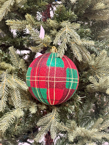 6 Inch Traditional Christmas Plaid Glitter Ornament Ball