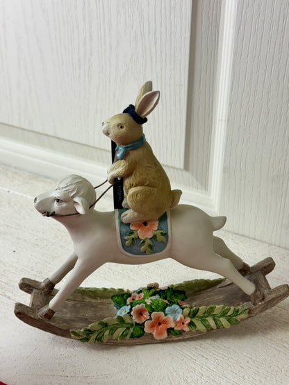 8.5 Inch Ceramic Bunny On Rocking Sheep