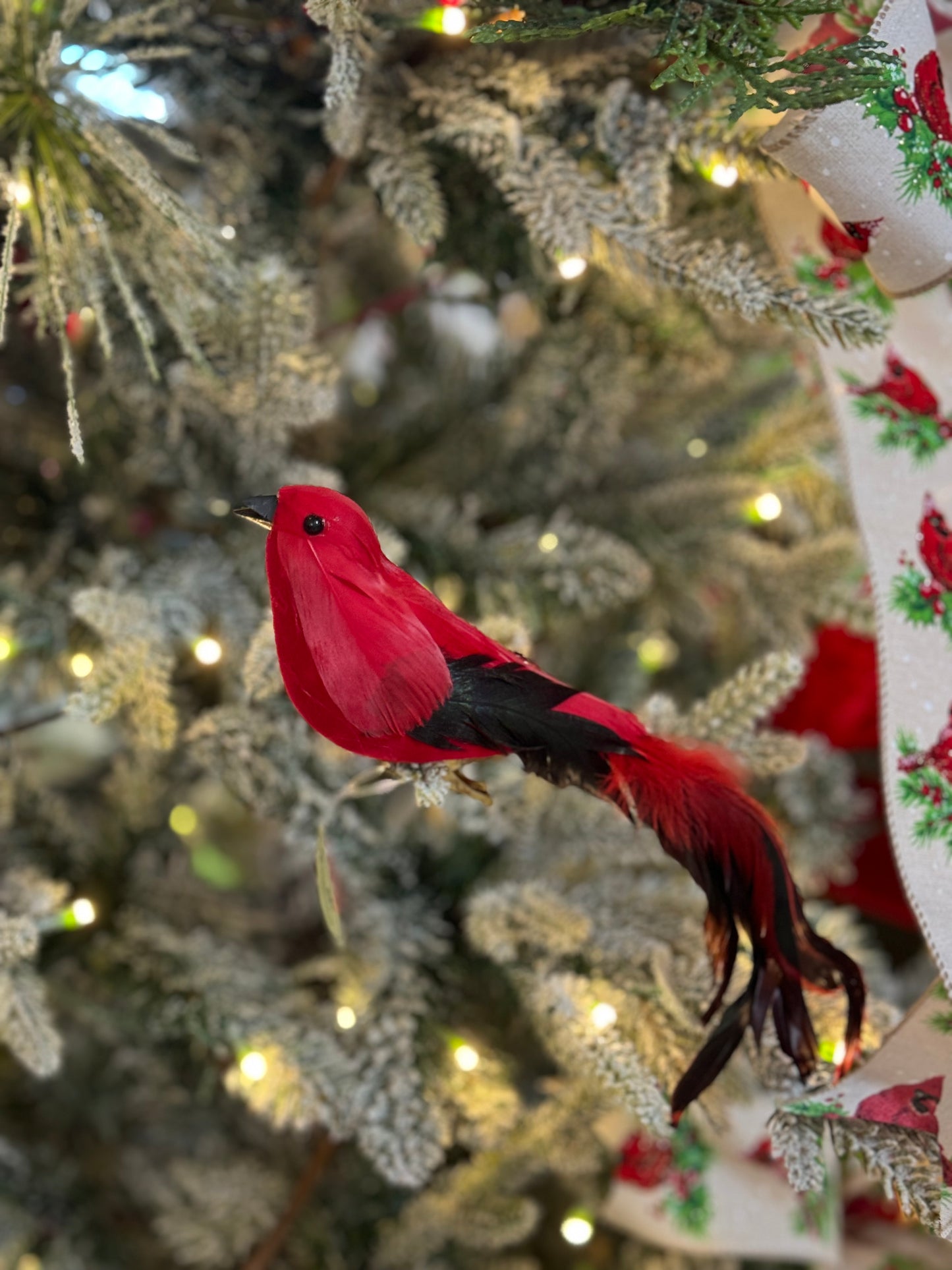 9 Inch Red Feather Bird With Clip Ornament