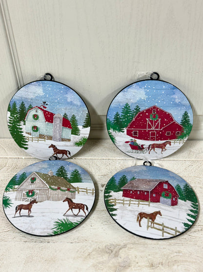 6.1 Inch Metal Holiday Barn Design Ornament Four Styles