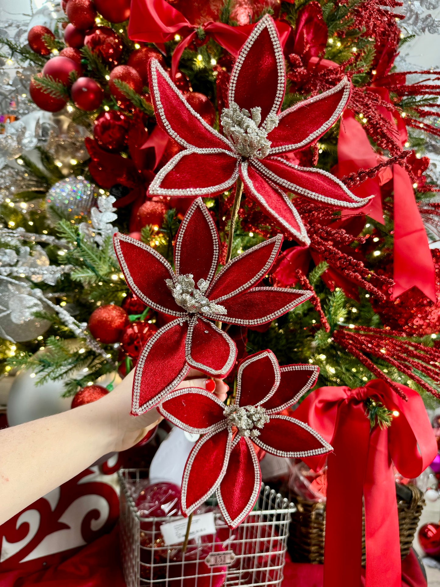 24 Inch Red Velvet Poinsettia Stem With Silver Jewels