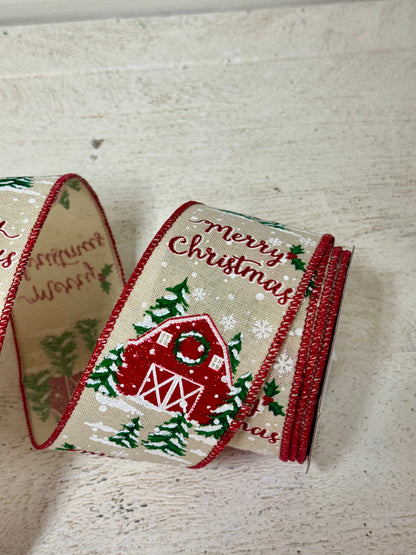 2.5 Inch By 10 Yards Merry Christmas Barn Ribbon