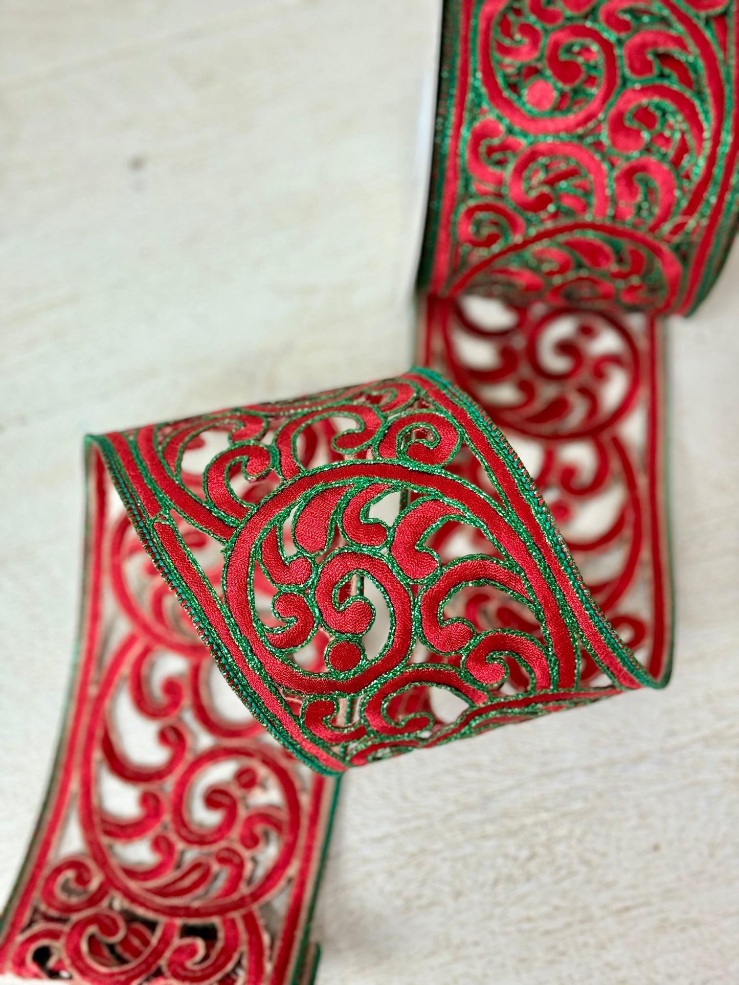 4 Inch By 10 Yard Designer Red And Emerald Scroll Ribbon