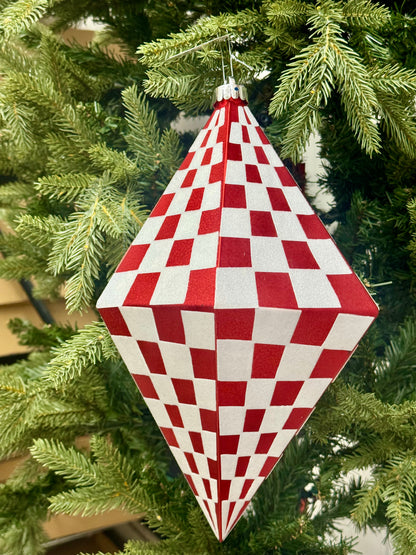 12.5 Inch Red And White Check Pentagon Ornament