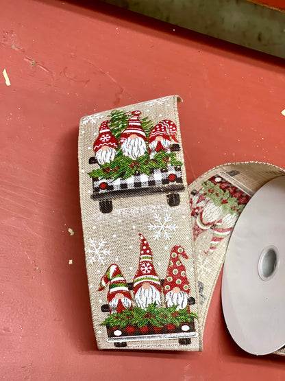 2.5 Inch Plaid Truck With Gnomes And Snowflakes On Natural Ribbon