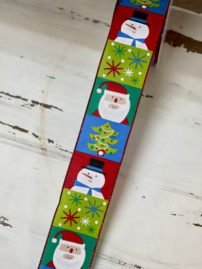 2.5 Inch Colored Blocked Ribbon With Snowman And Santa