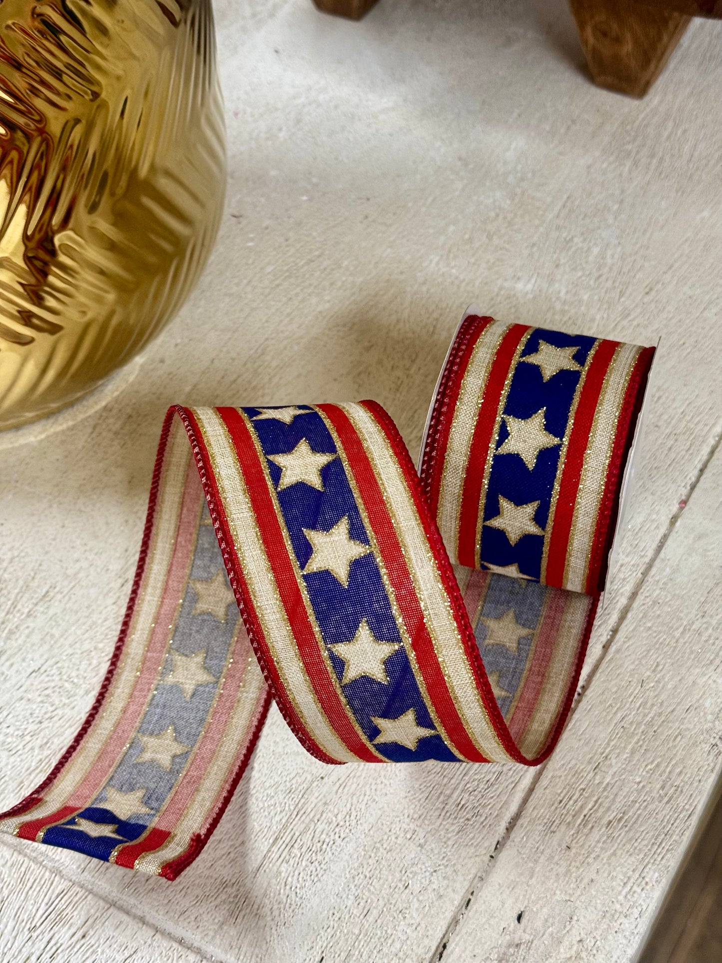 2.5 Inch By 10 Yard Natural And Red Stars And Stripes Ribbon