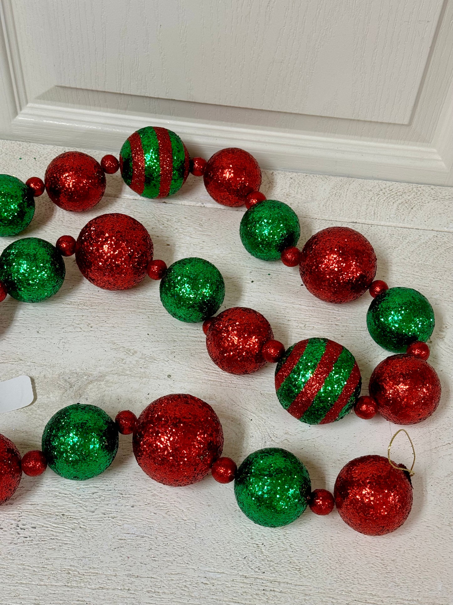 5 Foot Red And Emerald Green Glitter Stripe Ball Garland