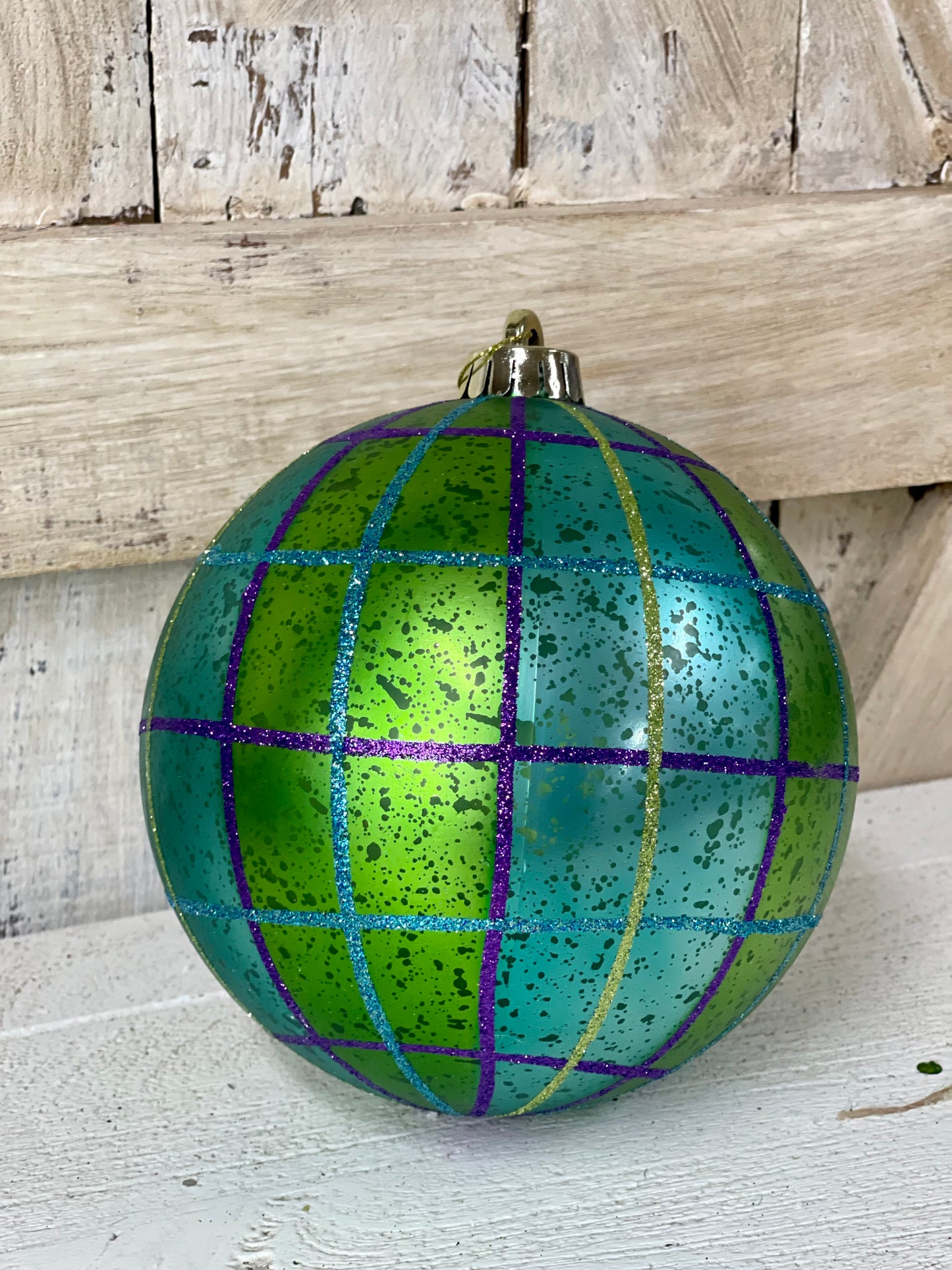 6 Inch Turquoise Lime Purple Plaid Ornament Ball