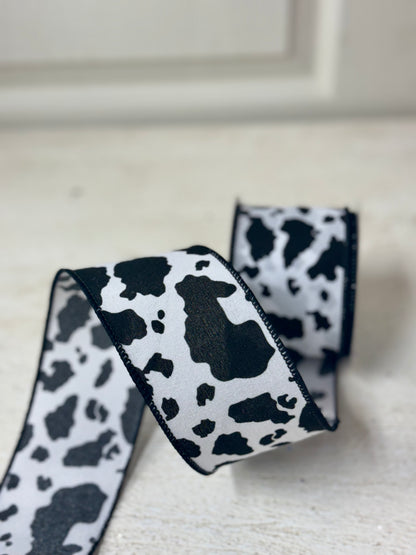 2.5 Inch By 10 Yard Fuzzy Black And White Cow Print Ribbon