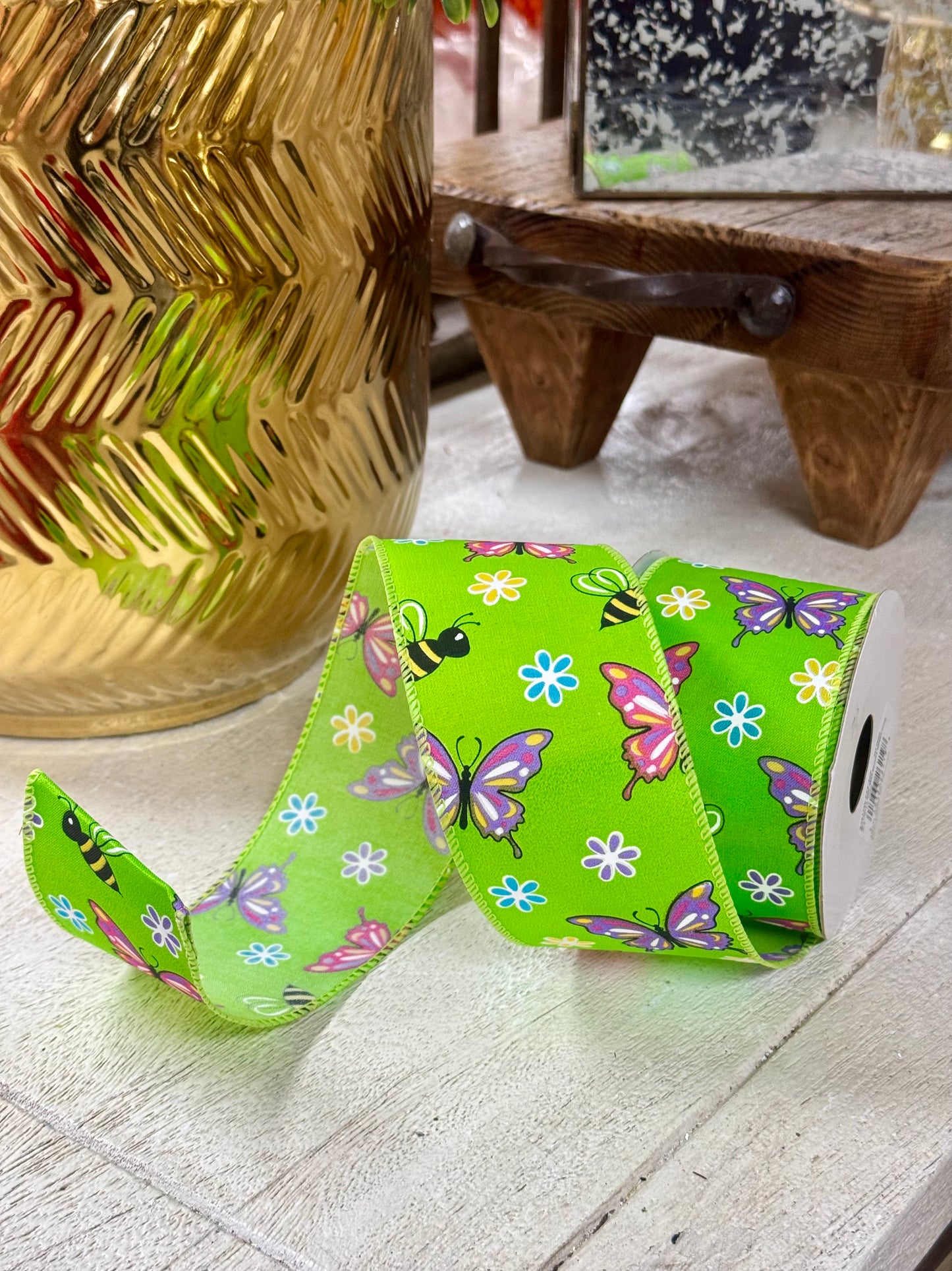 2.5 Inch By 10 Yard Green Butterfly And Bees Ribbon