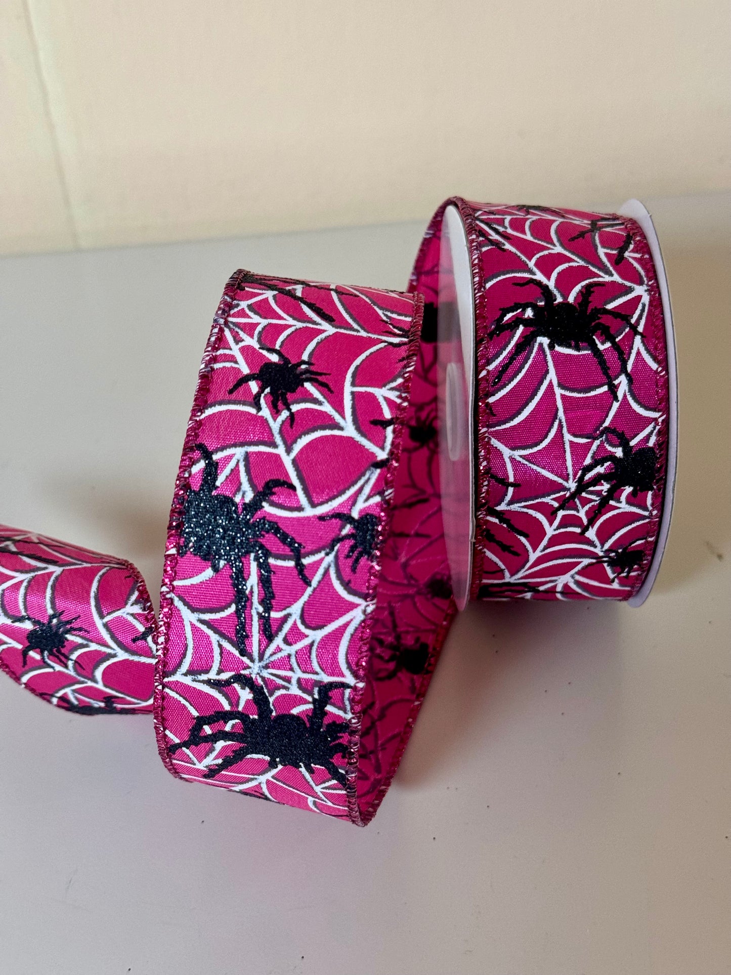 1.5 Inch By 10 Yard Fuchsia Spider And Spider Web Ribbon