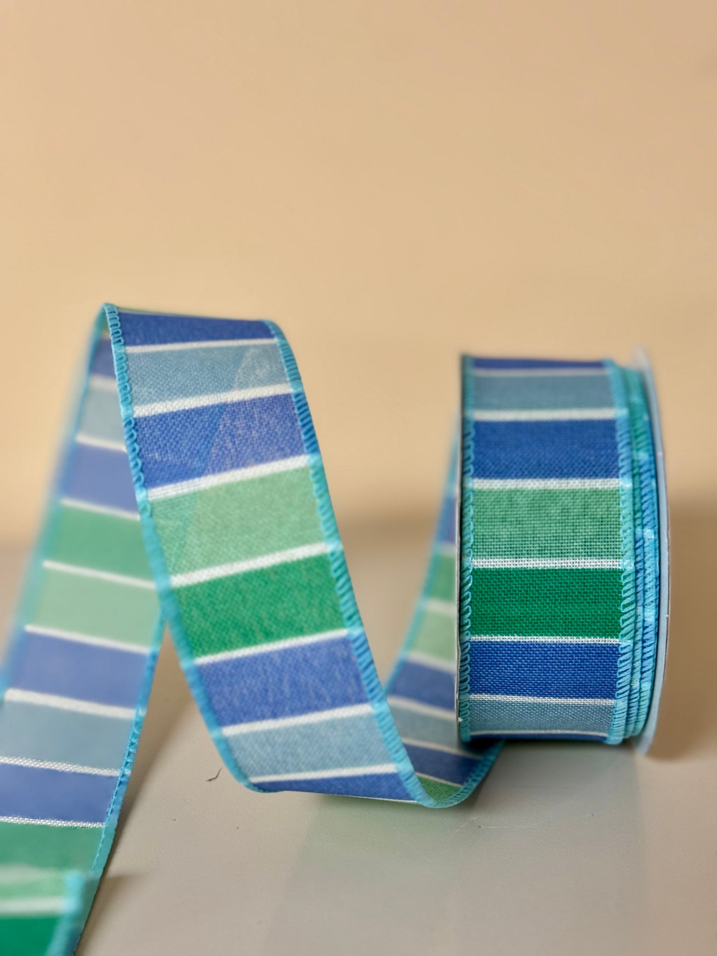 1.5 Inch By 10 Yard Mint Green And Blue Striped Ribbon