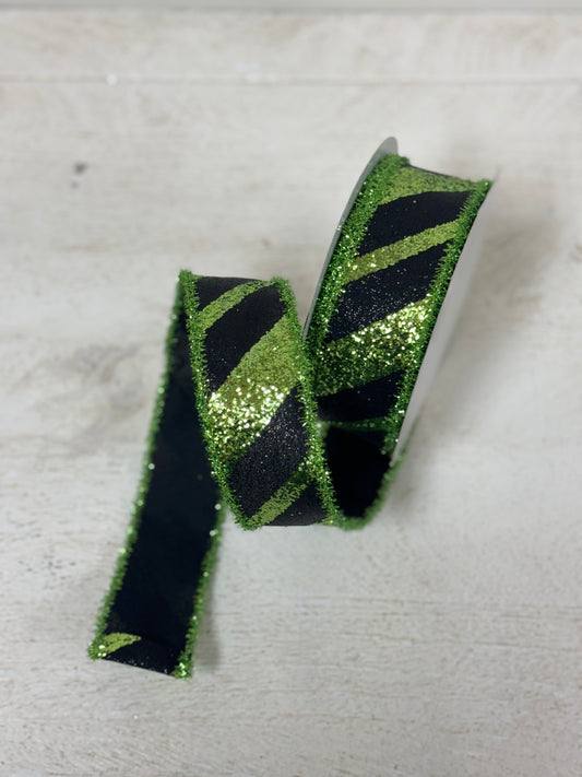 1.5 Inch By 10 Yard Black And Lime Green Striped With Tinsel Edge Ribbon