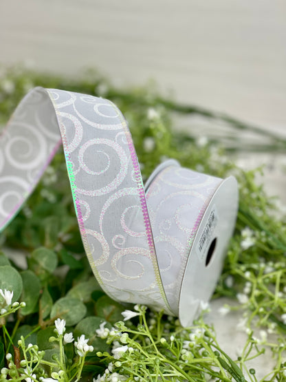 1.5 Inch By 10 Yard White/Iridescent Scroll Ribbon