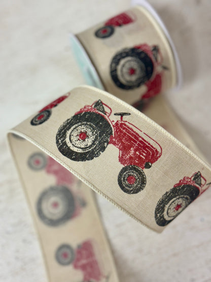 2.5 Inch By 10 Yard Red Tractor On Burlap Ribbon