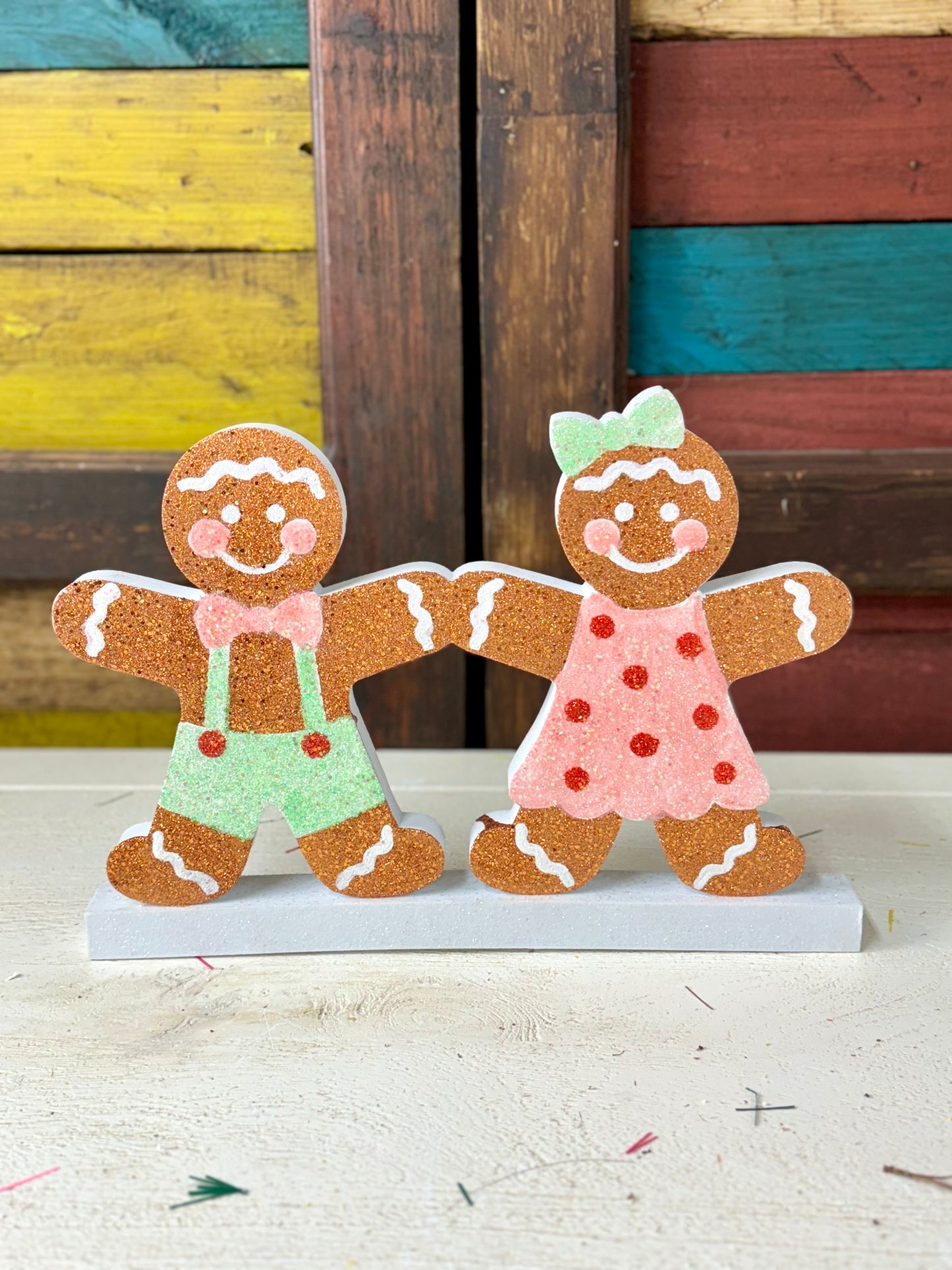 12 Inch Glitter Gingerbread Boy And Girl Sitter