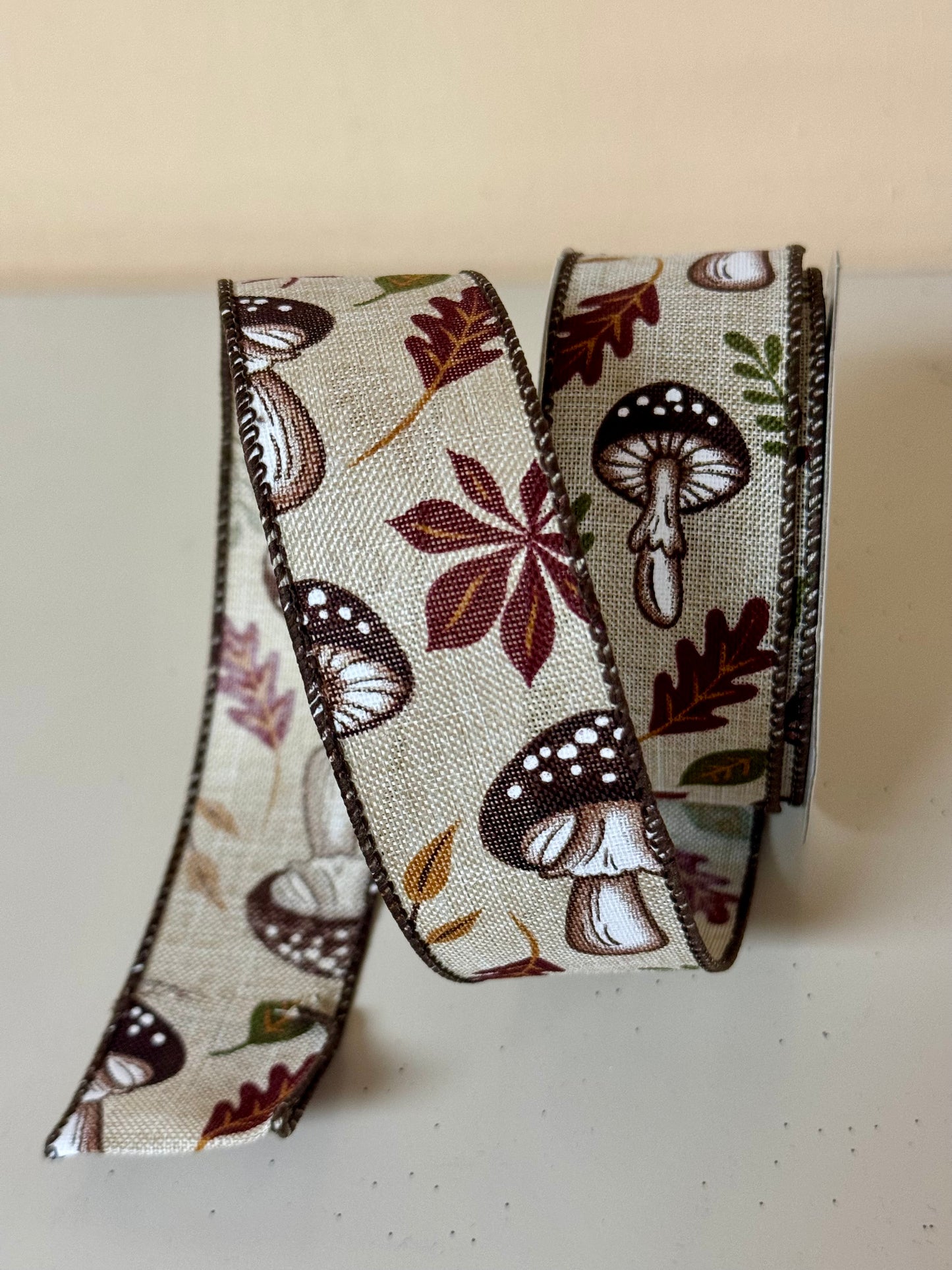 1.5 Inch By 10 Yard Natural Background With Fall Leaves And Mushrooms Ribbon