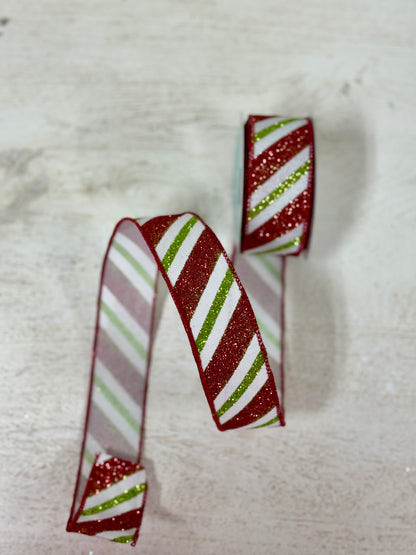 1.5 Inch By 10 Yard Red And Lime Green Glitter Striped Ribbon