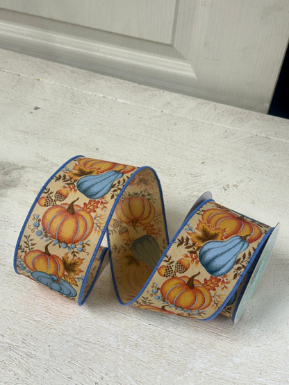 2.5 Inch By 10 Yard Orange Blue Pumpkin Gourd Leaves Ribbon