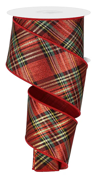 2.5 Inch By 10 Yard Red Green And Yellow Metallic Diagonal Plaid With Fused Back Ribbon