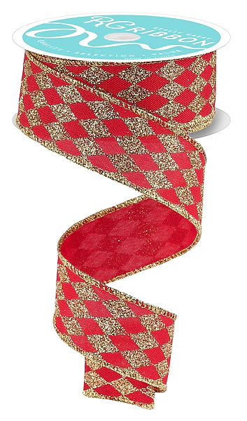 1.5 Inch By 10 Yard Red And Gold Glitter Harlequin Ribbon