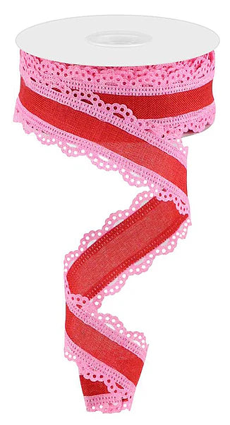1.5 Inch By 10 Yard Light Pink And Red Lace Edge Royal Burlap Ribbon