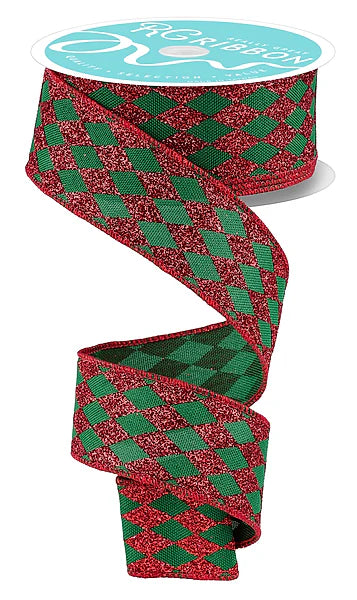 1.5 Inch By 10 Yard Emerald Green And Red Glitter Harlequin Ribbon