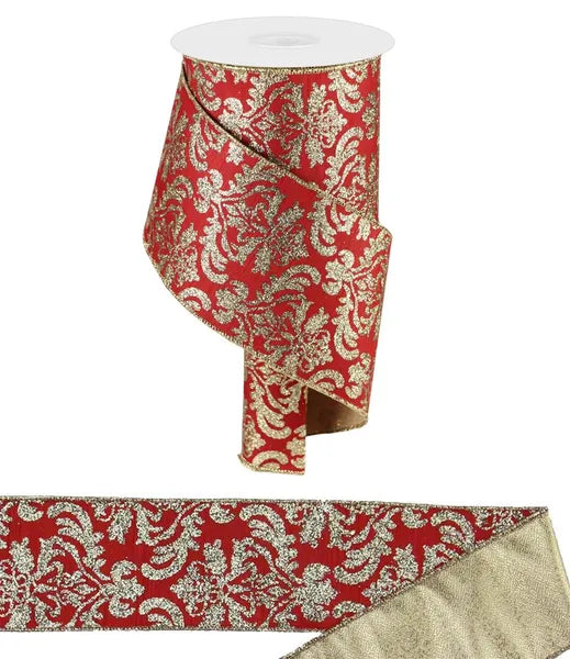 4 Inch By 10 Yard Red And Light Gold Damask Metallic Fused Ribbon