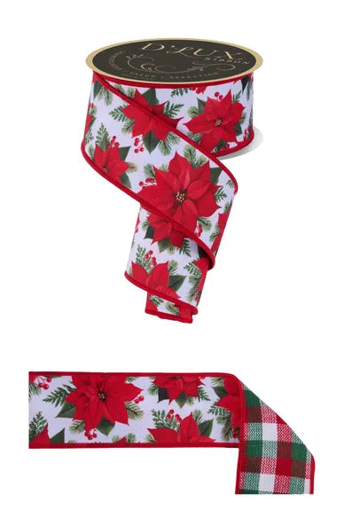 2.5 Inch By 10 Yard Poinsettia With Red And Green Check Backing Ribbon