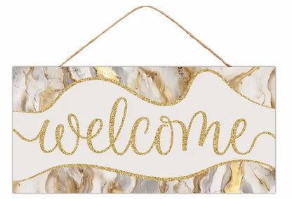12.5 Inch Glitter Welcome Marble Wood Sign