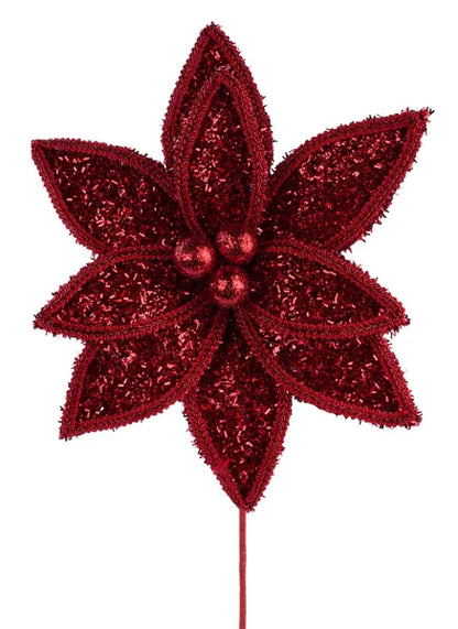14 Inch Red Glitter And Lace Edge Poinsettia Pick