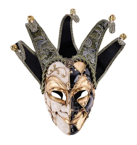 13.25 Inch Black White And Gold Jester Mask