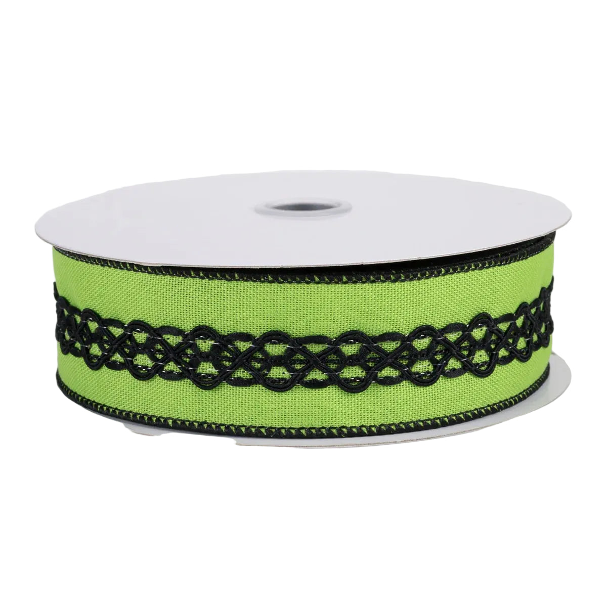 1.5 Inch By 10 Yard Lime Green And Black Lace On Faux Royal Ribbon