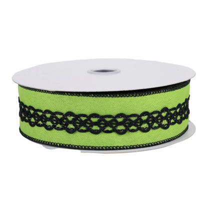 1.5 Inch By 10 Yard Lime Green And Black Lace On Faux Royal Ribbon