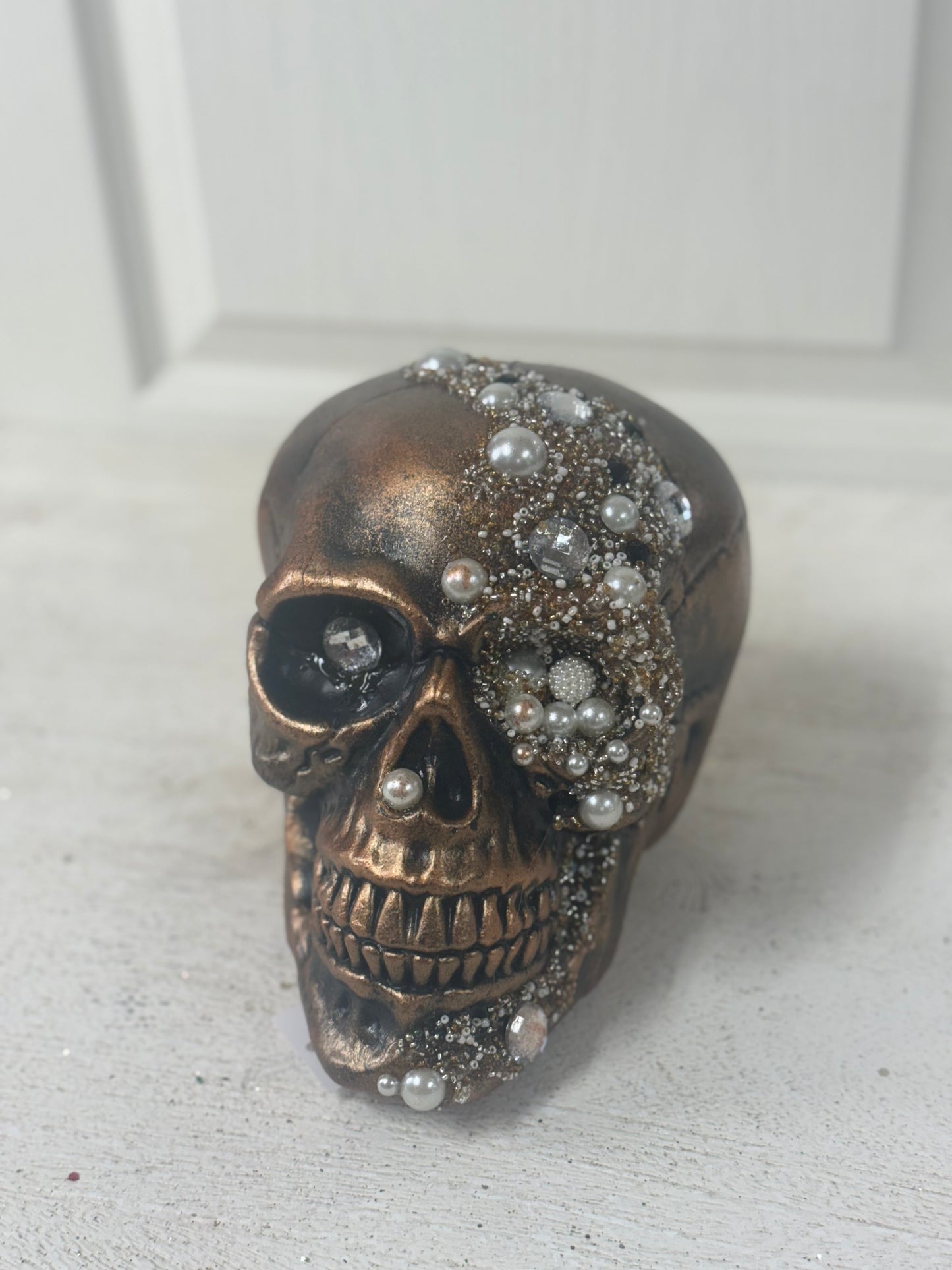 8 Inch Antique Gold Skull With Beads And Glitter