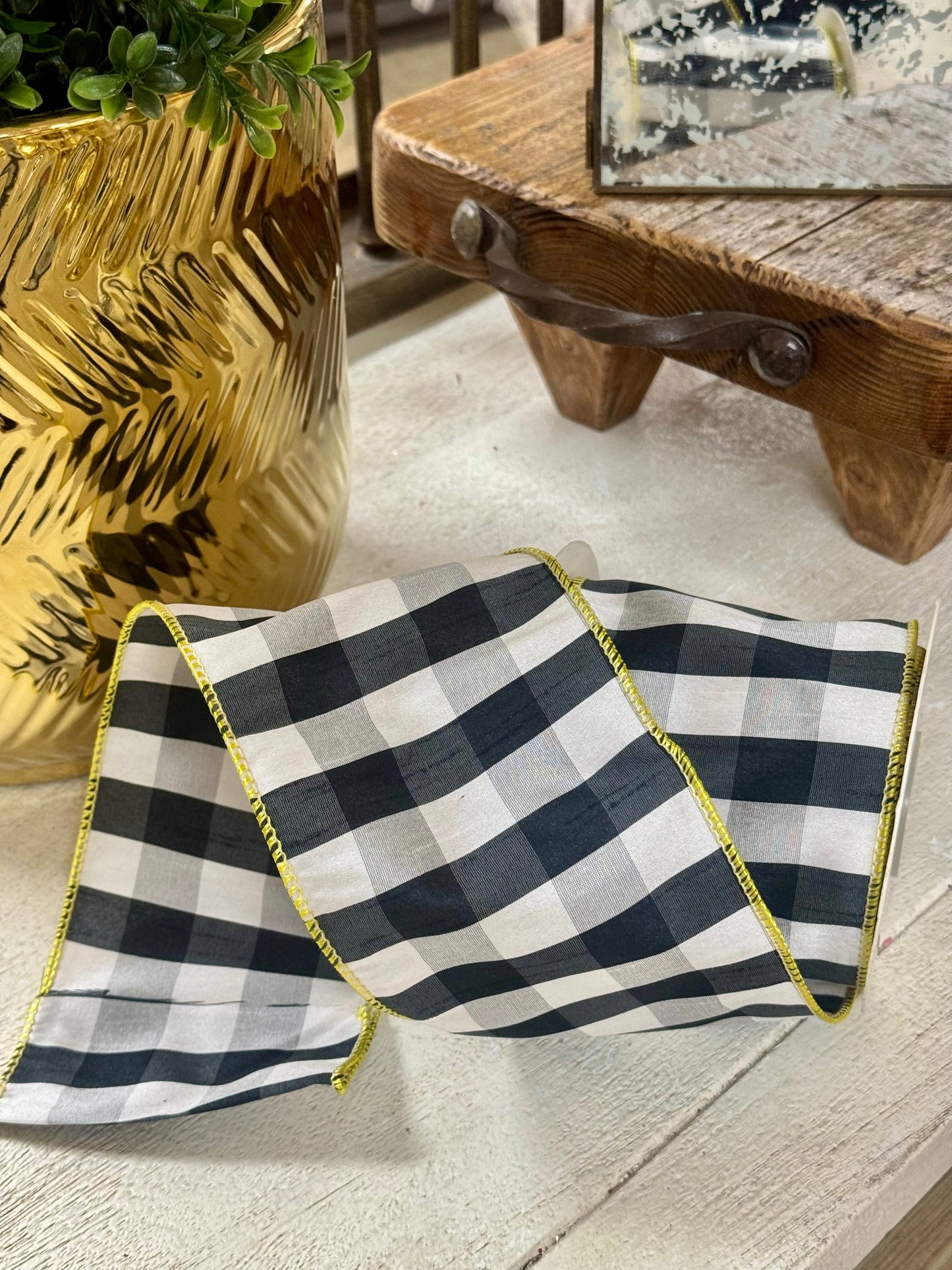 4 Inch By 10 Yard Black And White Gingham With Yellow Edging Ribbon