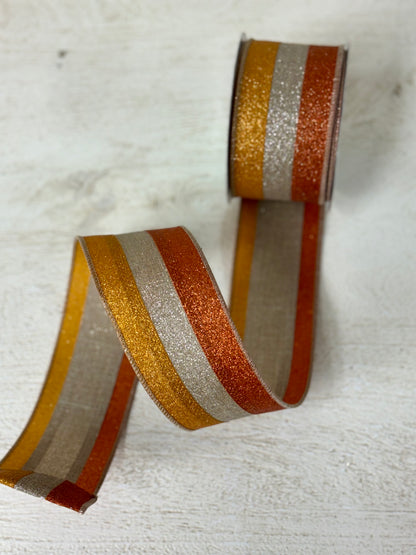 2.5 Inch By 10 Yard Pumpkin Taupe Mustard Striped Ribbon