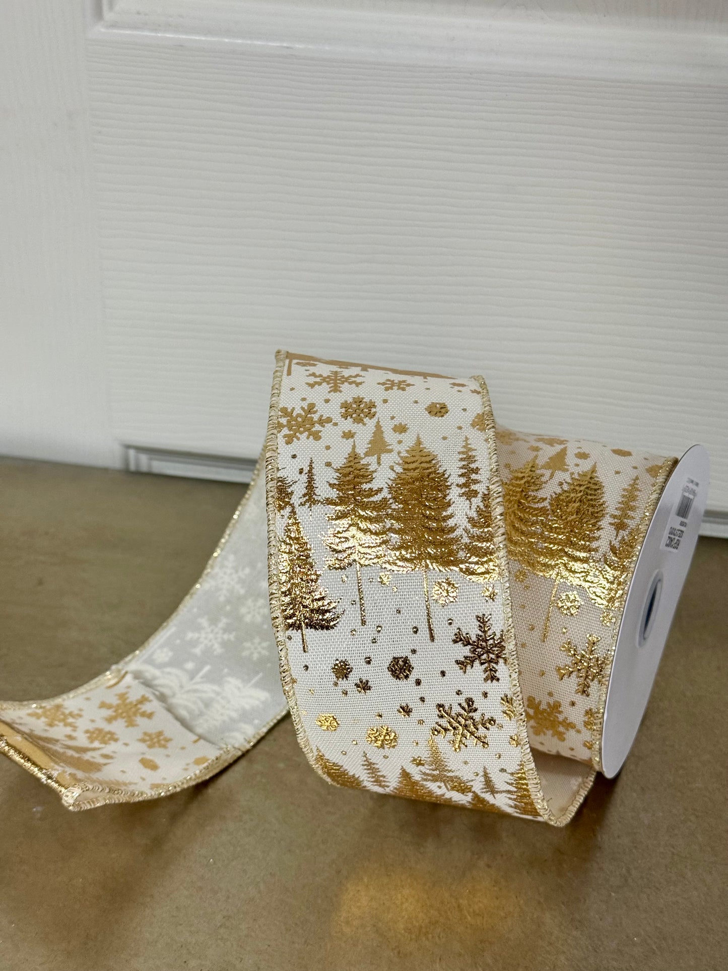 2.5 Inch By 10 Yard Dark Cream And Gold Pine Trees And Snowflakes Ribbon