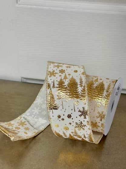 2.5 Inch By 10 Yard Dark Cream And Gold Pine Trees And Snowflakes Ribbon