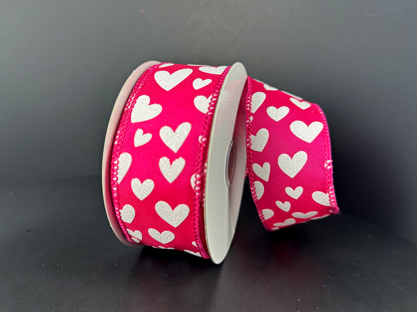 1.5 Inch By 10 Yard Hot Pink And White Heart Ribbon