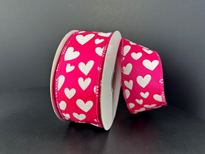 1.5 Inch By 10 Yard Hot Pink And White Heart Ribbon