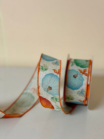 1.5 Inch By 10 Yard Natural Background With Orange Blue And Teal Pumpkins Ribbon