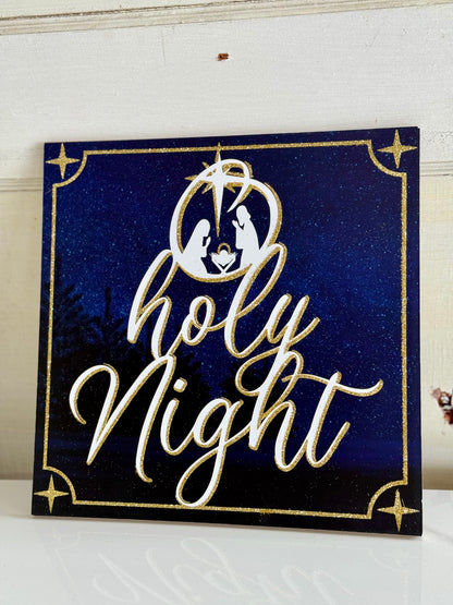 10 Inch Oh Holy Night Gold And Navy Wooden Sign